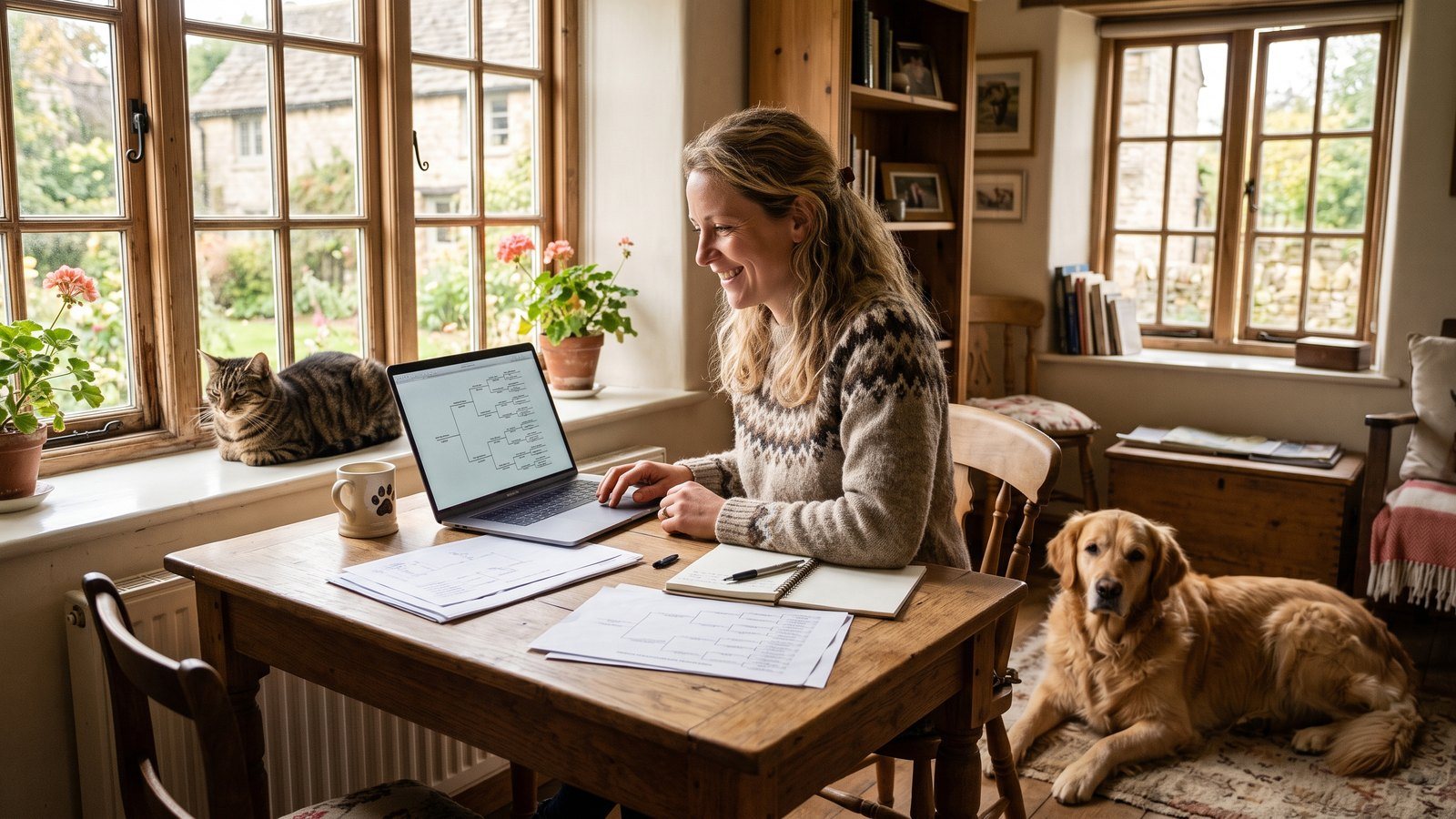 Züchterin analysiert eine Ahnentafel am Laptop, neben dem Schreibtisch liegt ein Golden Retriever, auf der Fensterbank sitzt eine Katze