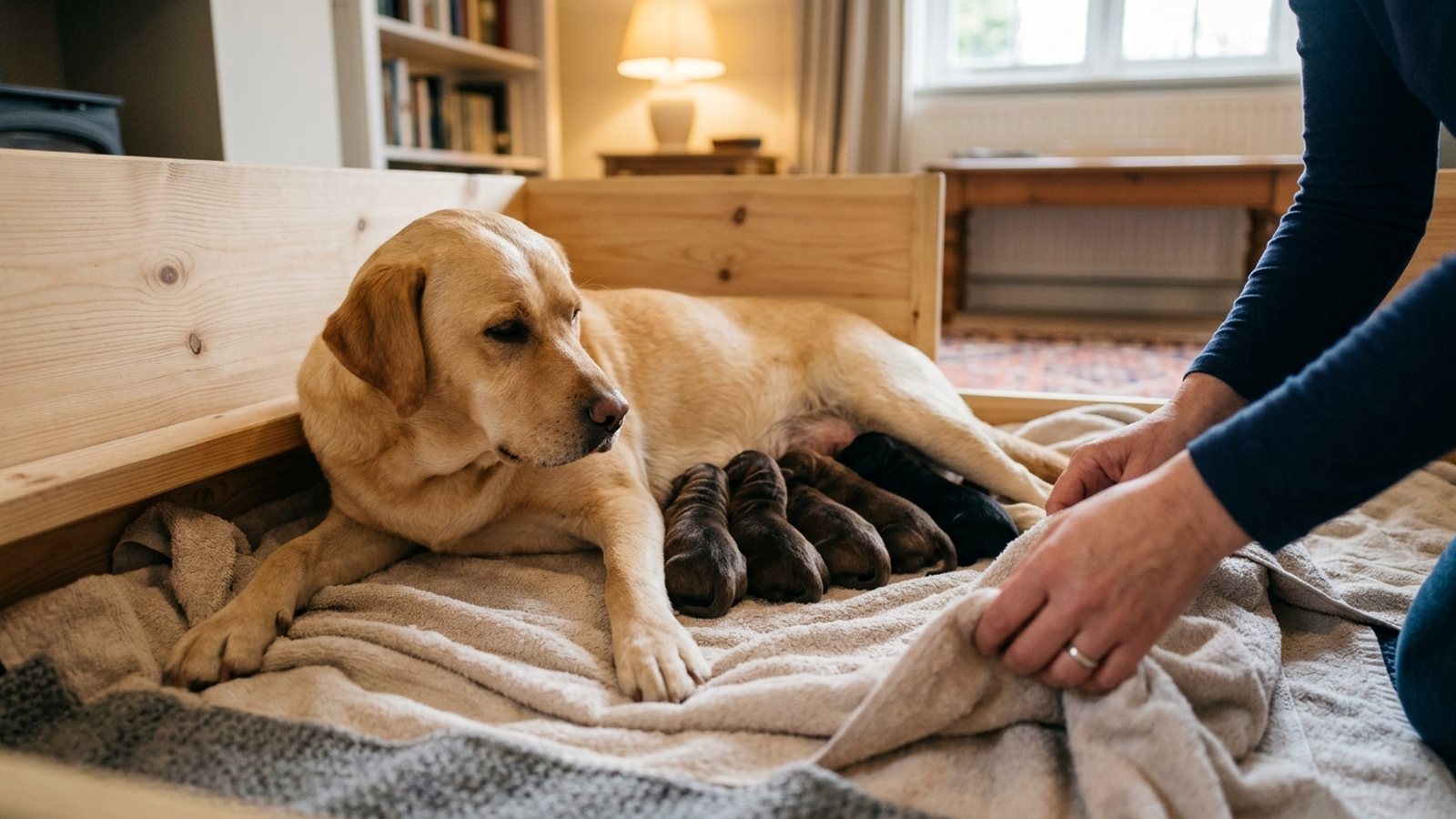 Labrador-Hündin ruht in einer hölzernen Wurfkiste, neugeborene Welpen trinken an ihrem Gesäuge