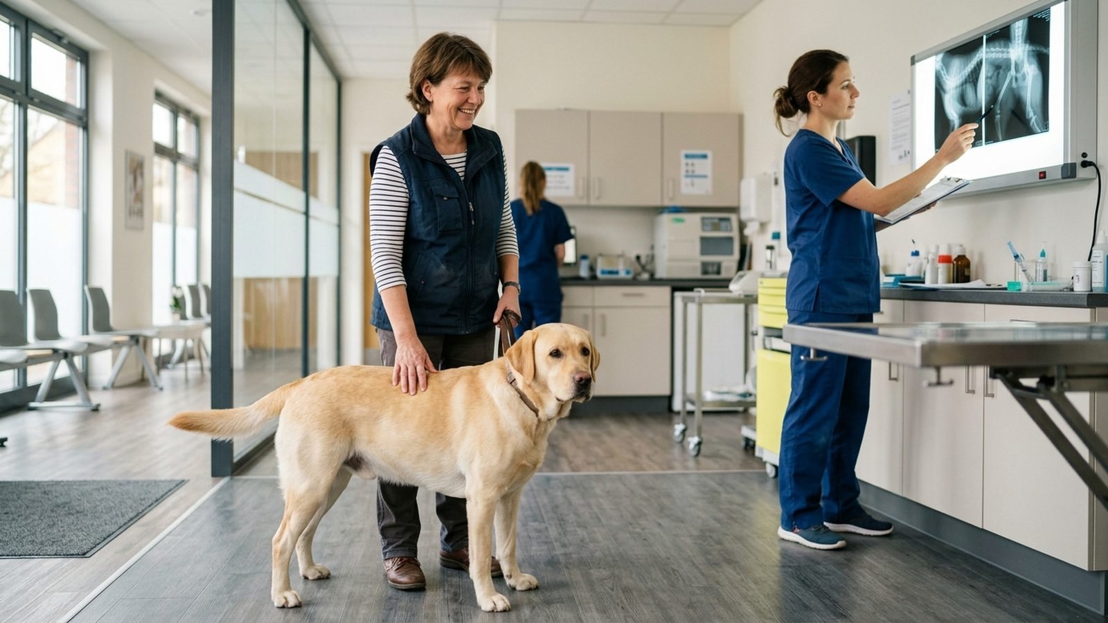 Hodowczyni z labradorem w gabinecie weterynaryjnym, w tle lekarz ogląda zdjęcie RTG bioder