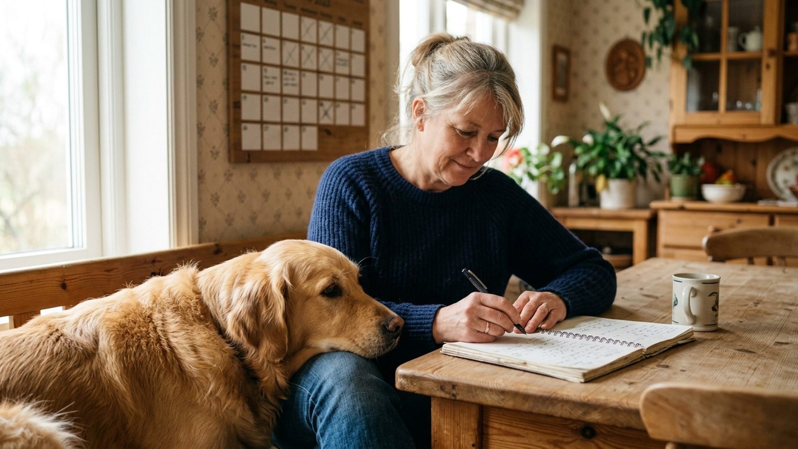 Züchterin mit Golden-Retriever-Hündin am Küchentisch, die den Decktermin im Kalender plant